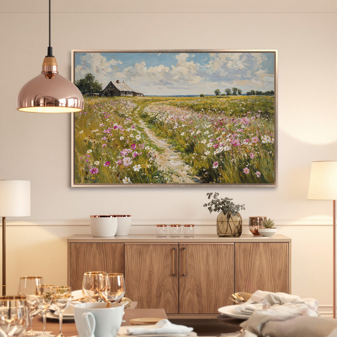 Framed Wall Art: Impressionist landscape Canvas Print with wildflowers and a rustic cabin. Soft, warm color palette perfect for any interior.
