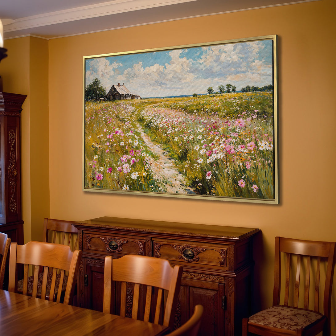 Canvas Print of a serene landscape painting with a barn, field of flowers, and a warm, inviting color palette. Perfect for home decor.