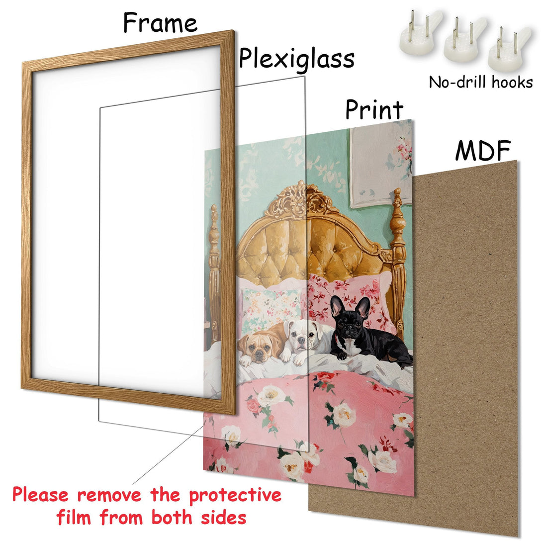 Framed Poster featuring adorable dogs on a bed, soft pink and teal color palette, perfect for home decor.