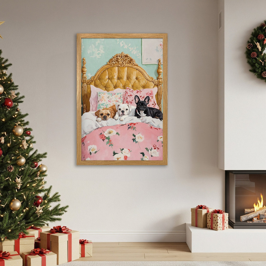 Framed Poster featuring adorable dogs in bed, with a floral pink palette. Perfect wall art!