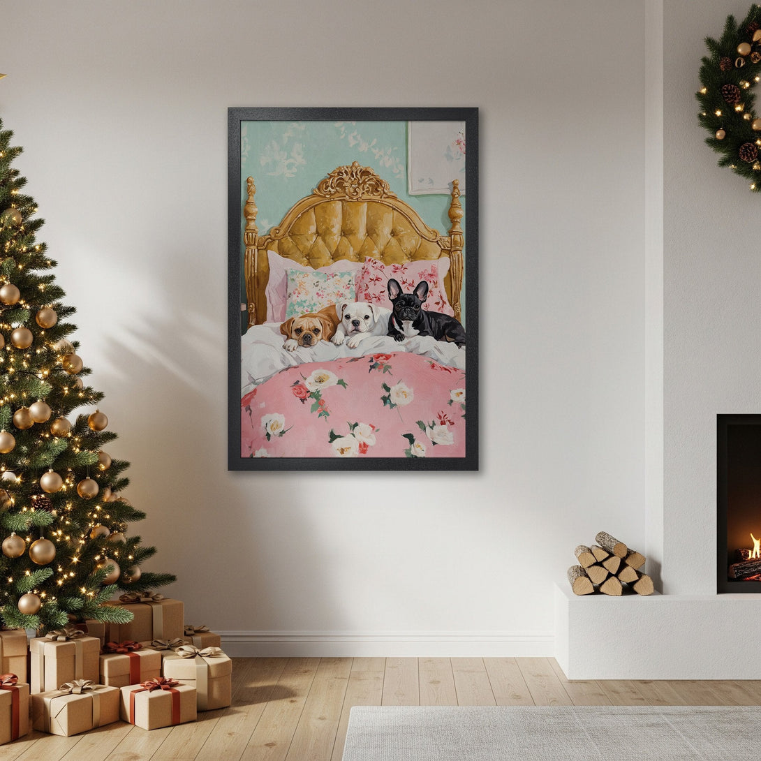 Framed Poster featuring adorable dogs on a bed, in a whimsical style with a pink and gold color palette. Perfect for pet lovers!