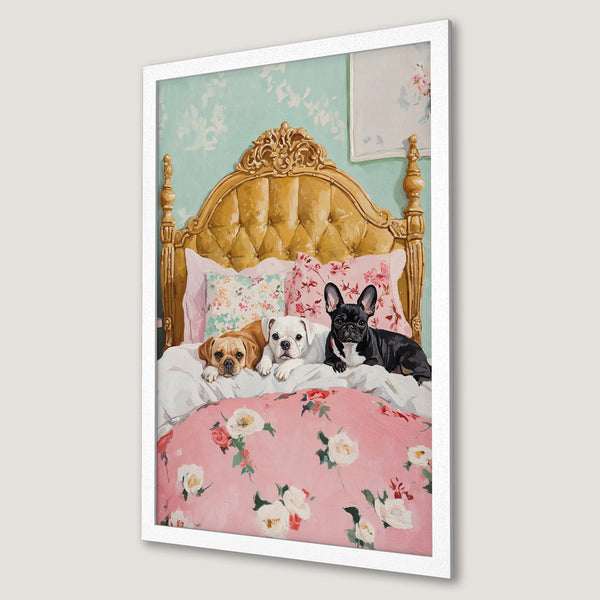 Framed Poster of adorable dogs on a bed. Romantic style with a pink, gold, and teal color palette. Perfect wall art for pet lovers!