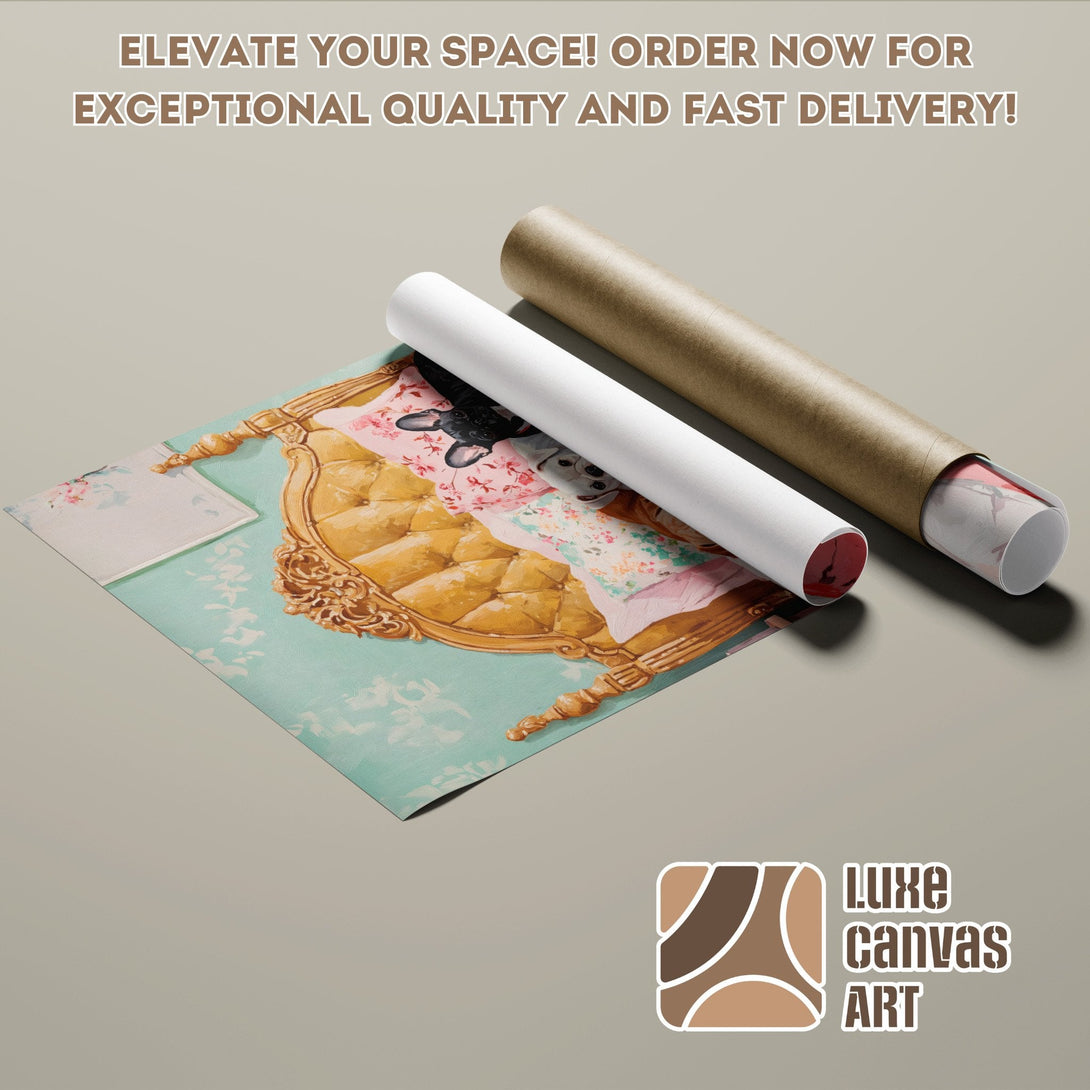 Poster Roll featuring dogs on a sofa, vintage style, with teal, pink, and gold color palette. Order yours today!