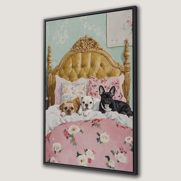 Framed Wall Art featuring adorable dogs on a bed. Pastel color palette with floral accents and a vintage style. Perfect for adding charm to any room!
