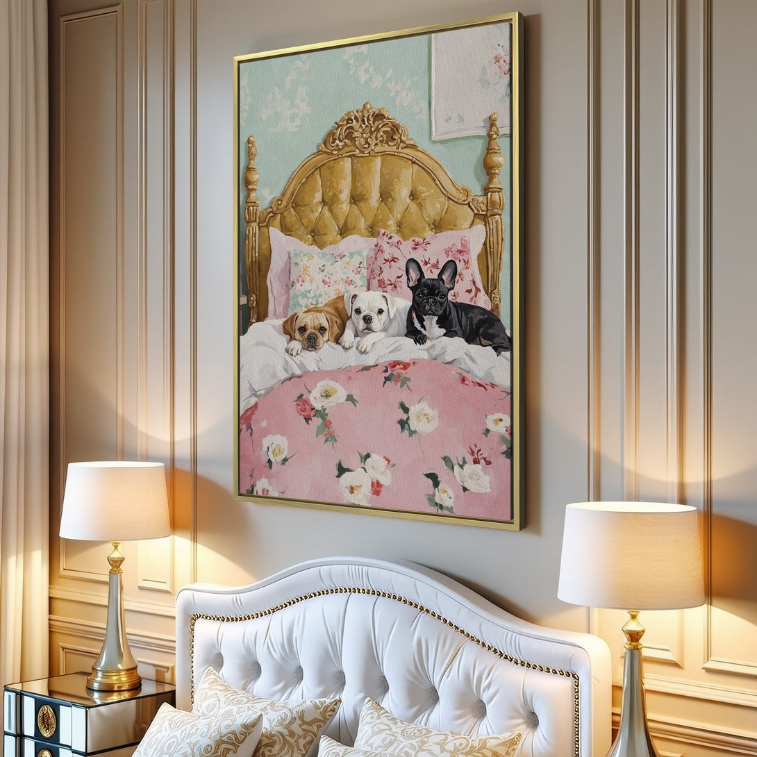 Canvas Print featuring adorable dogs in bed, a charming and whimsical style with a soft pink and gold color palette, perfect for home decor.
