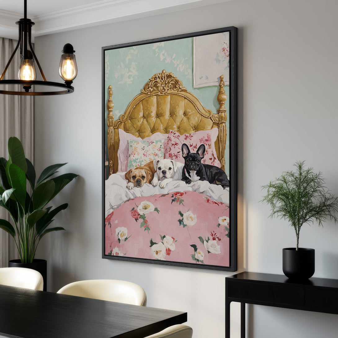 Framed Wall Art featuring adorable dogs on a bed in a floral style. Soft pink, gold, and blue color palette. Perfect for adding charm to any space!