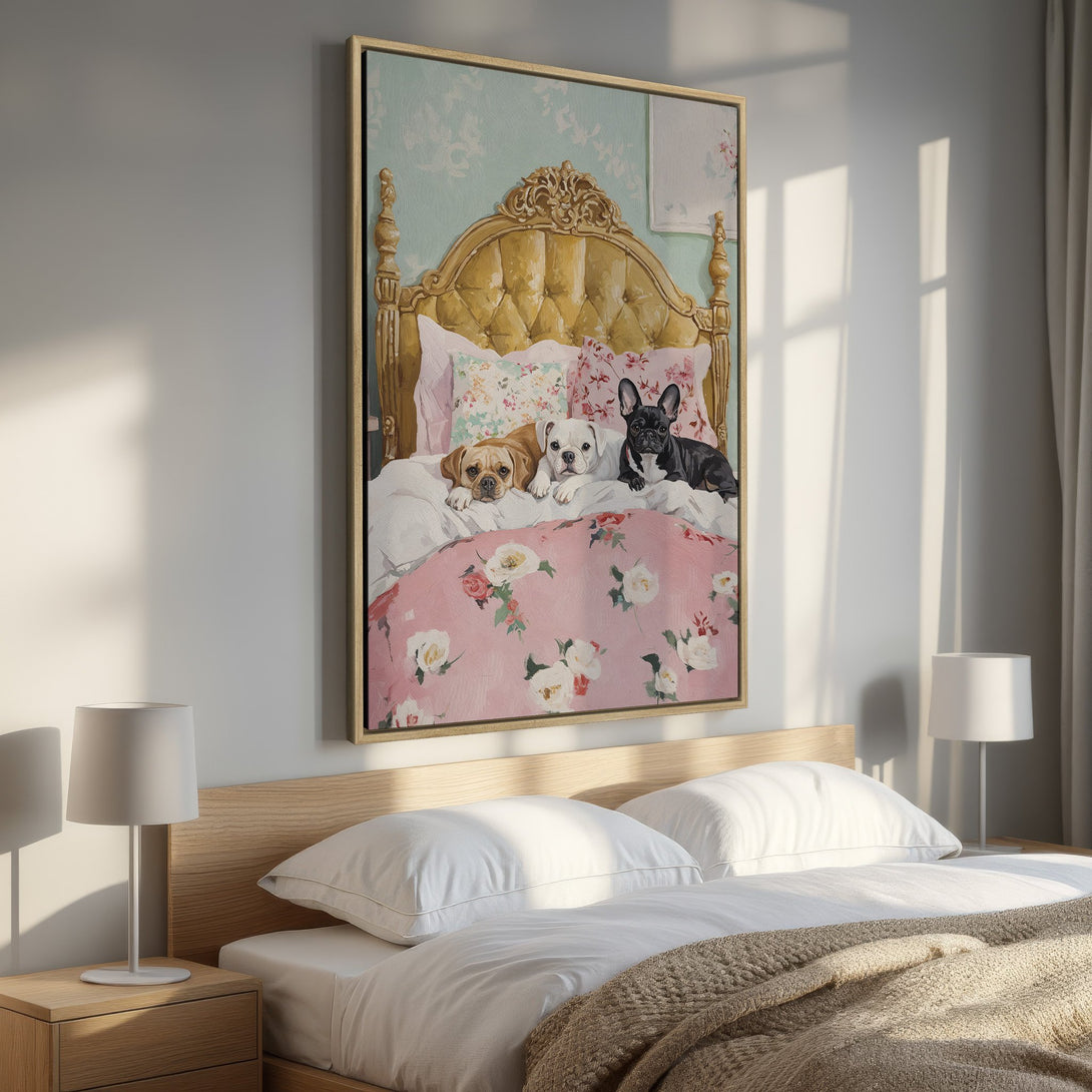 Framed Wall Art: Charming dog portrait in a bedroom. Features a vintage style with a pink floral palette, perfect for adding warmth and personality to your space.