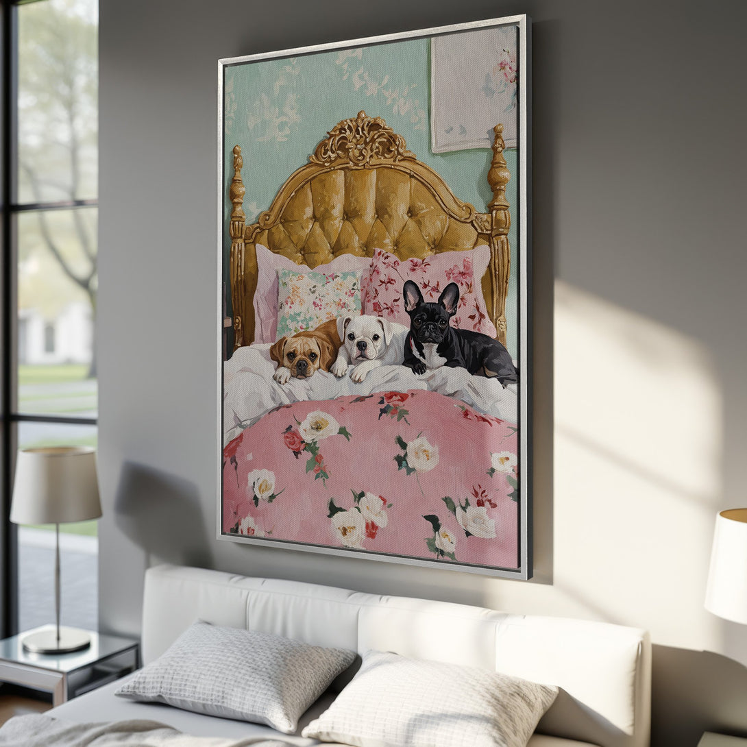 Framed Wall Art featuring adorable dogs on a bed, painted in a charming, floral style with a soft pink and gold color palette, perfect for home decor.
