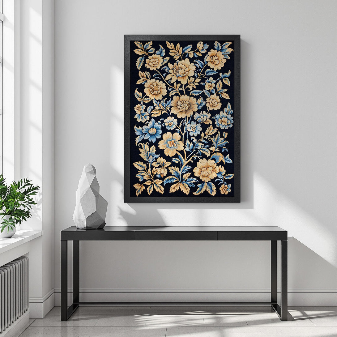 Framed Poster featuring a floral design in a black frame. The artwork showcases a classic style with a gold and blue color palette, perfect for home decor.