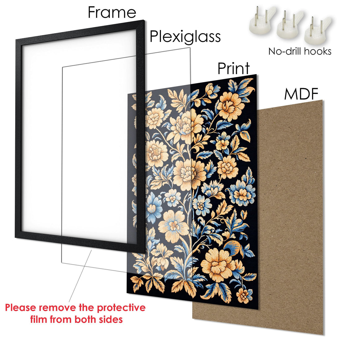 Framed Poster with floral design in black, gold, and blue. Perfect wall art for your home decor.
