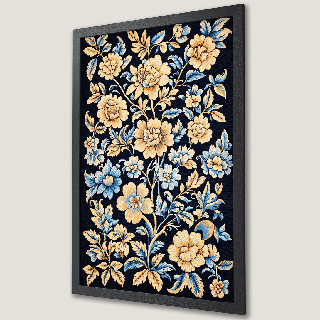 Framed Poster featuring a floral design in a vintage style with a navy, gold, and blue color palette. Perfect wall art for any room!