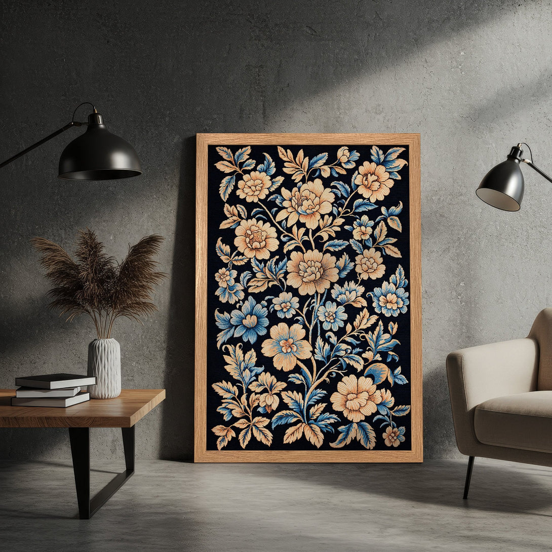 Framed Poster featuring floral design in blue, beige, and black. Perfect wall art for a stylish home.