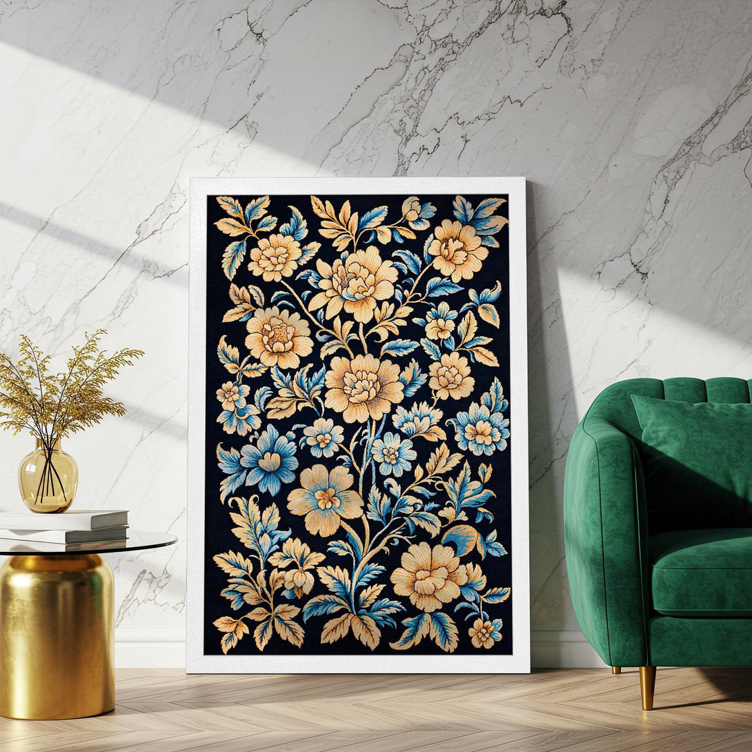 Framed Poster featuring a floral design in a classic style with a blue, gold, and black color palette. Perfect wall art!