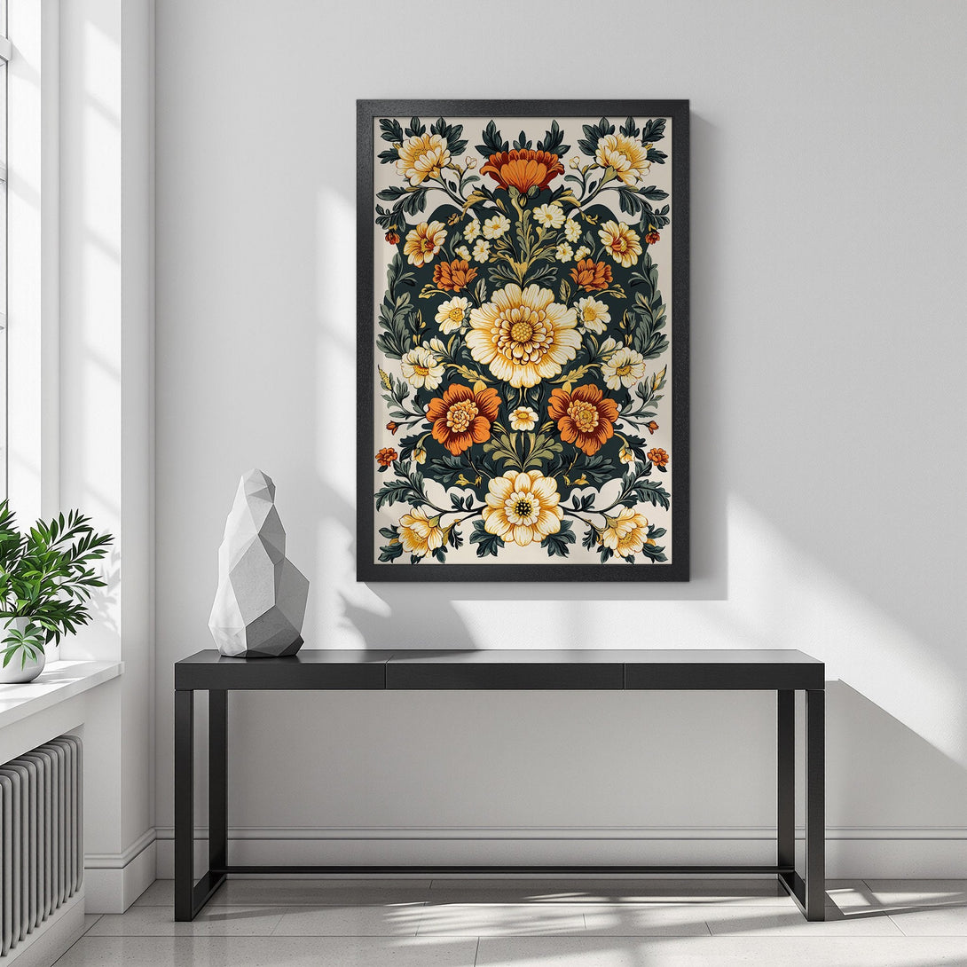 Framed Poster featuring a floral design in warm orange and yellow tones. Perfect wall art for a stylish home.
