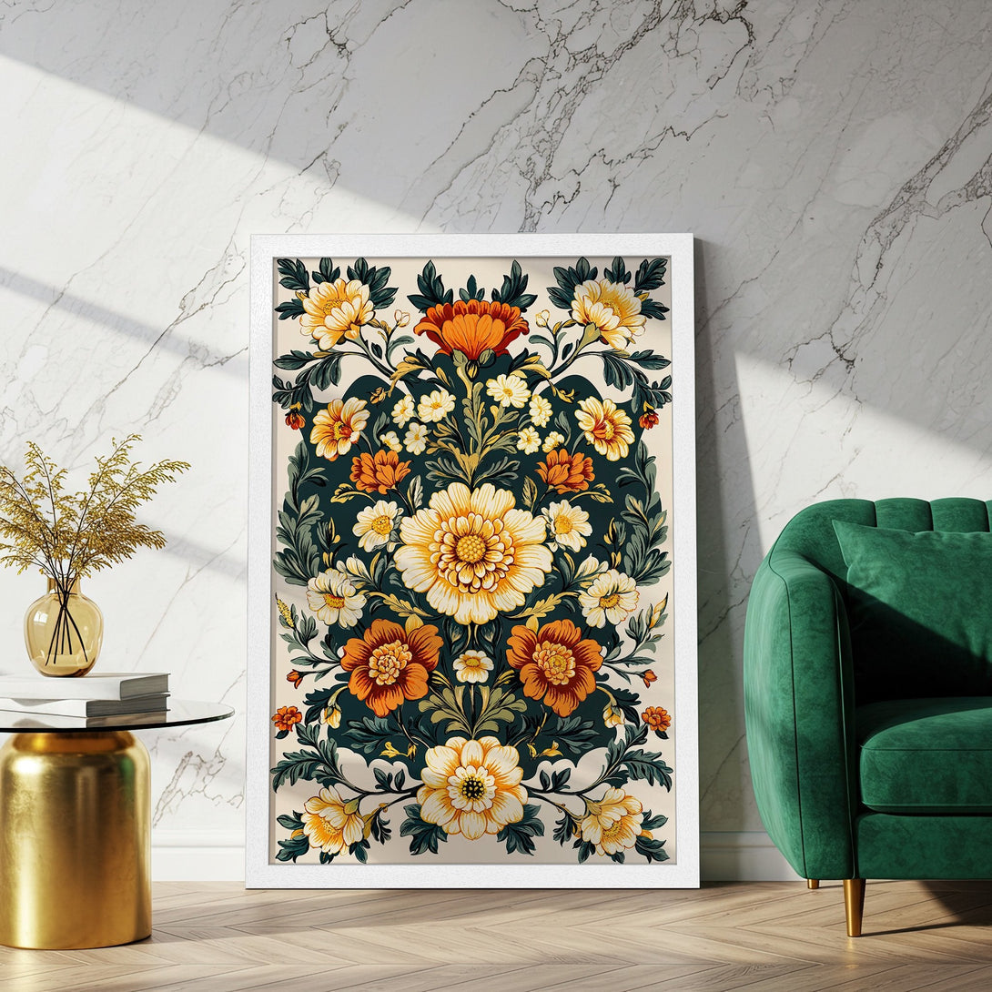 Framed Poster featuring a floral design in a vintage style with a warm color palette of yellow, orange, and green. Perfect wall art!