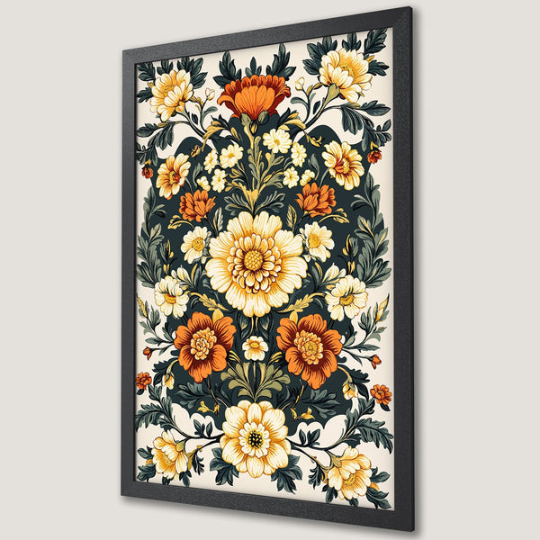 Framed Poster featuring a floral design in a vintage style. The color palette includes orange, yellow, and green on a dark background.
