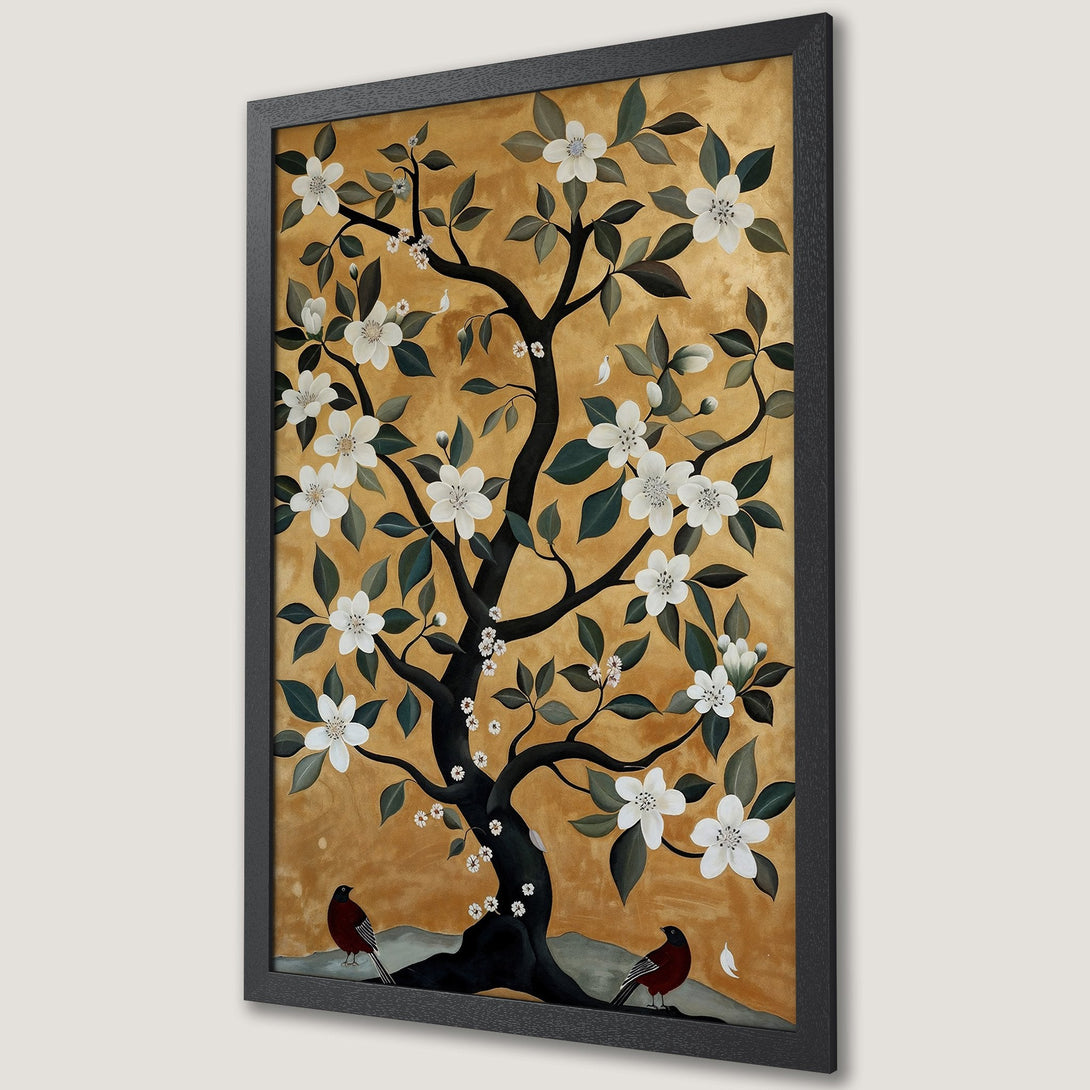 Framed Poster featuring a tree with white flowers, birds, and a gold background. Artistic style with a warm, earthy color palette.