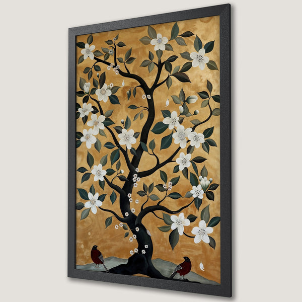 Framed Poster featuring a tree with white flowers, birds, and a gold background. Artistic style with a warm, earthy color palette.