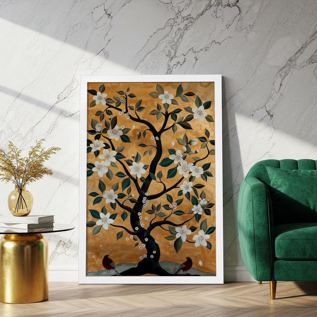 Framed Poster featuring a tree with white flowers, birds, and a gold & green color palette. Perfect wall art for any room.