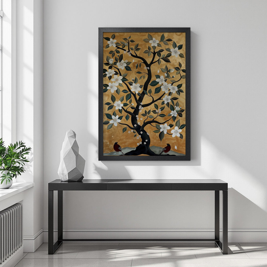 Framed Poster featuring a stylized tree with white flowers, set against a gold background. Modern art style, warm color palette, perfect for home decor.