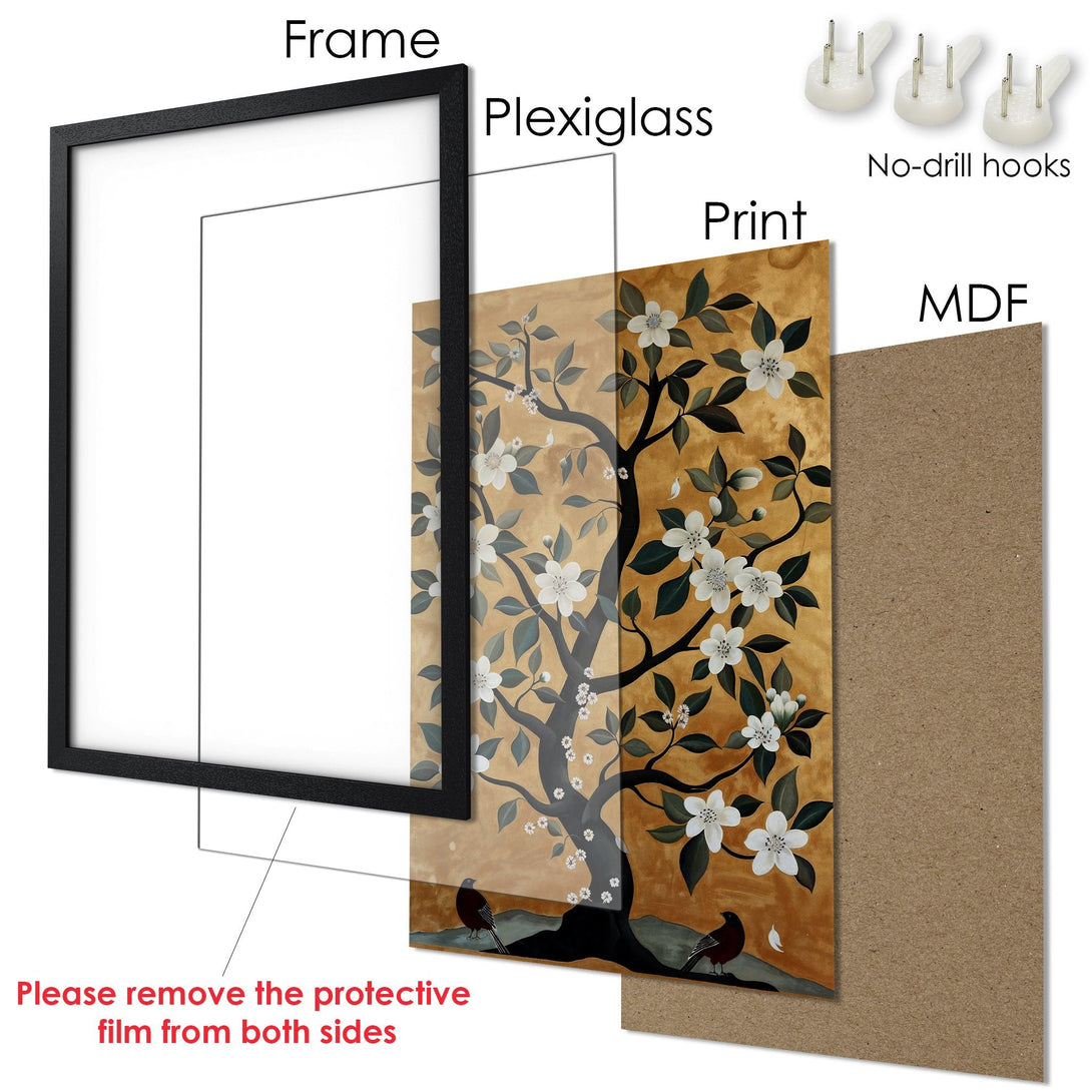 Framed Poster of a tree with white flowers, in a gold and green palette. Elegant art for your home!