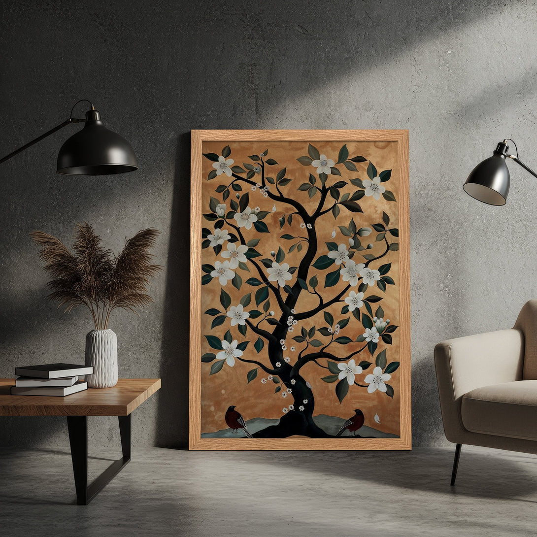 Framed Poster of a tree with white flowers. Earthy tones and botanical style. Perfect wall art for your home.