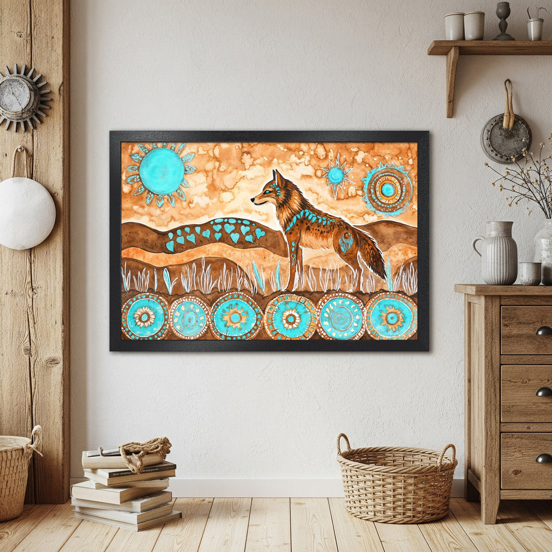 Framed Poster featuring a watercolor-style coyote in a warm brown and teal color palette, perfect for rustic decor.