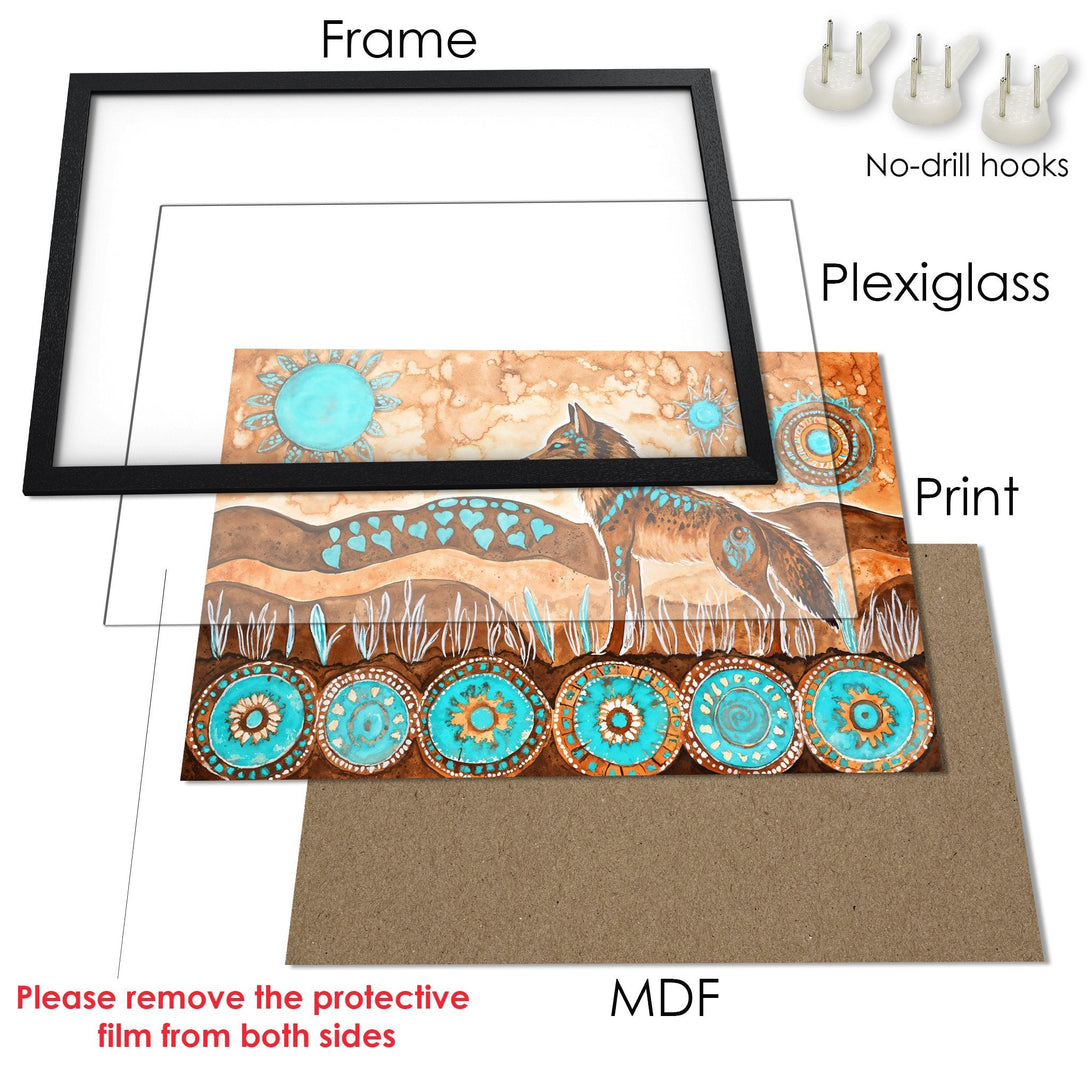 Framed Poster art print featuring a wolf, sun & tribal design in turquoise, brown tones. Perfect wall decor!