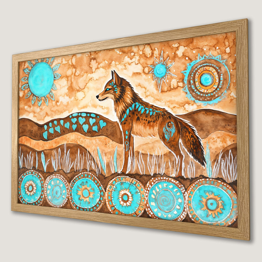 Framed Poster featuring a watercolor wolf in turquoise and brown. Bohemian style art print, perfect for home decor.