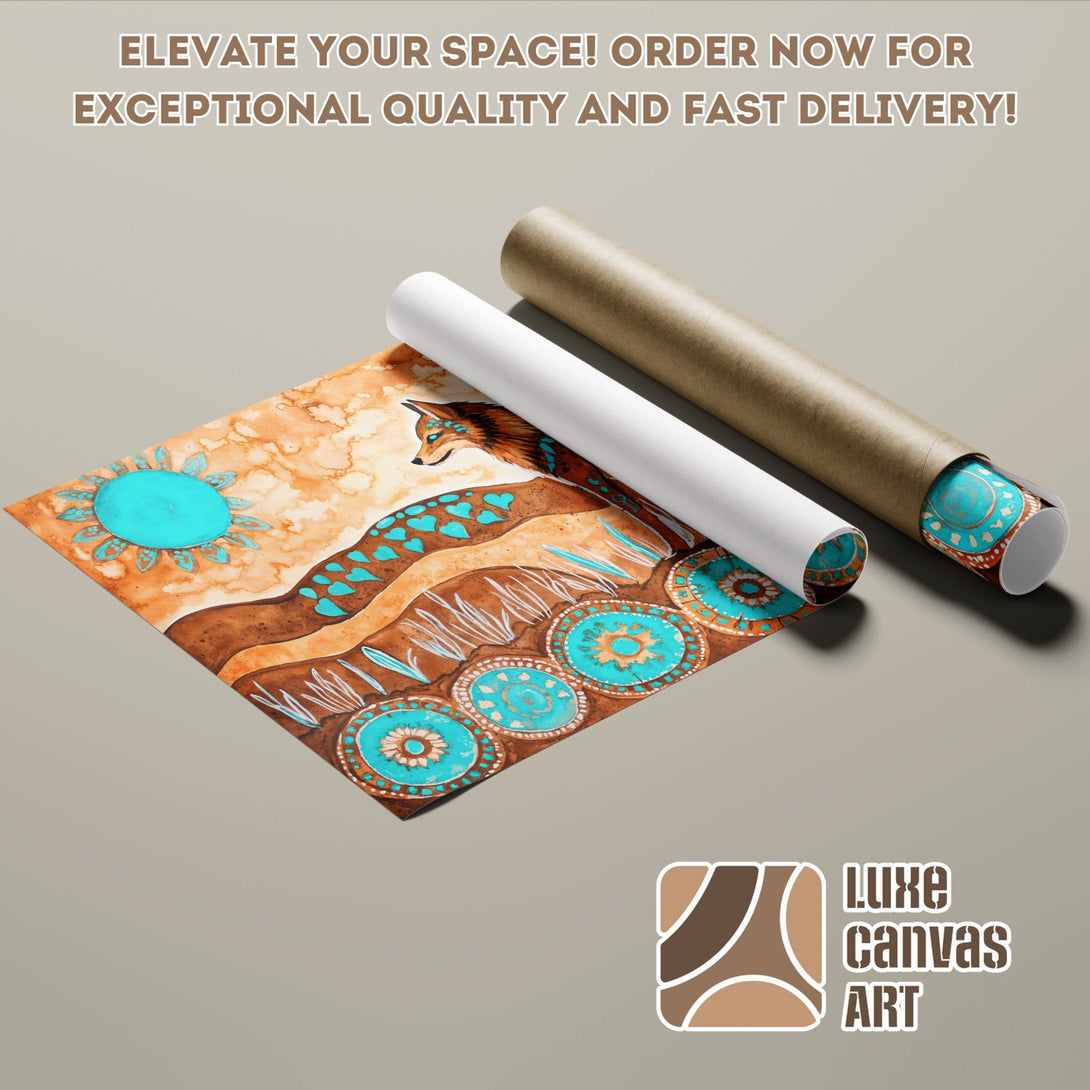 Watercolor Poster Roll with fox and turquoise accents. Earthy tones, perfect wall art. Order now!