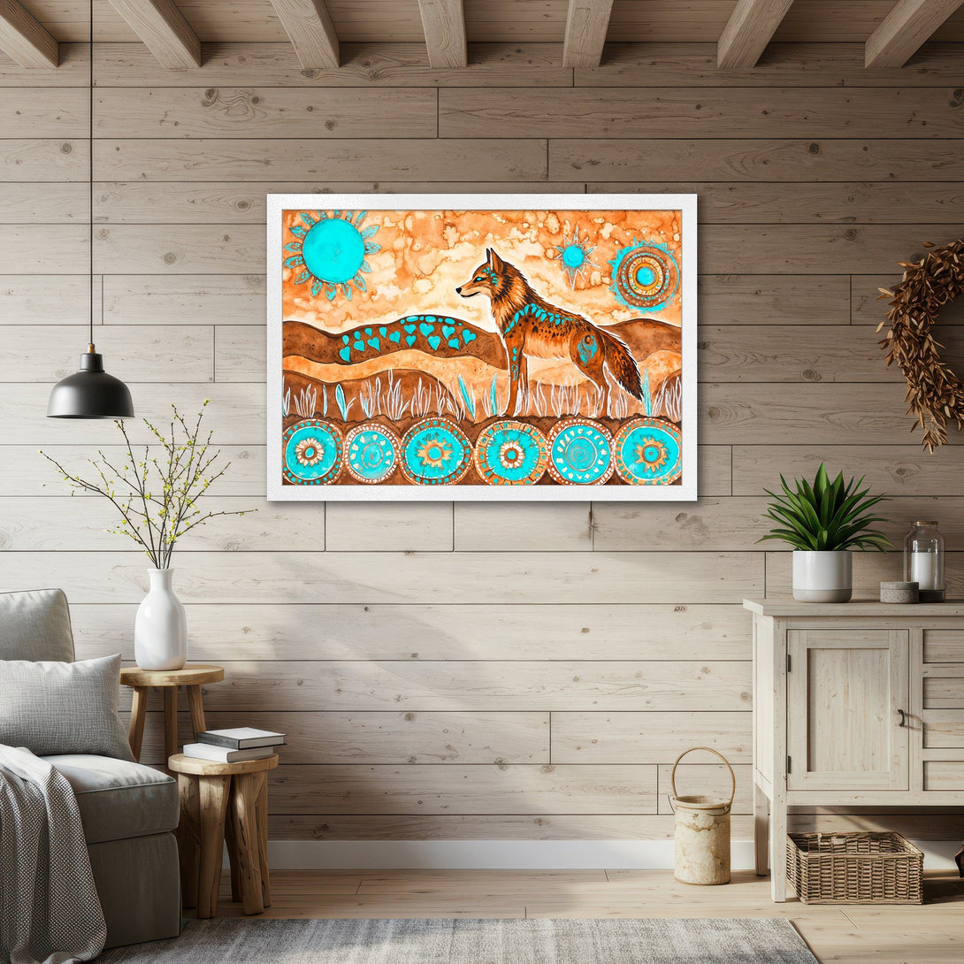 Framed Poster featuring a watercolor-style coyote in a warm, earthy palette with turquoise accents. Perfect for adding artistic flair to your space.