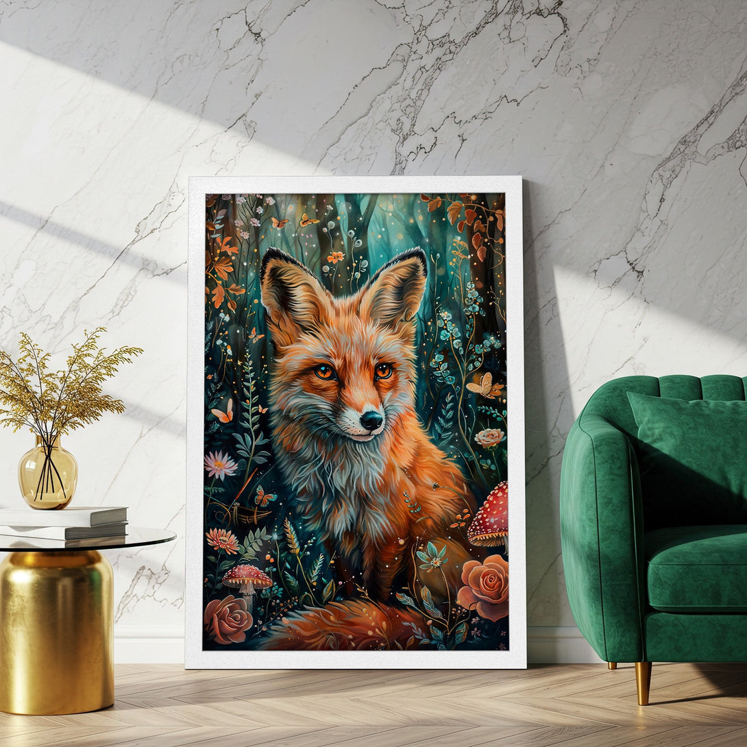 Framed Poster featuring a vibrant fox in a whimsical forest scene. Warm orange, teal, and green color palette. Perfect art for your home!