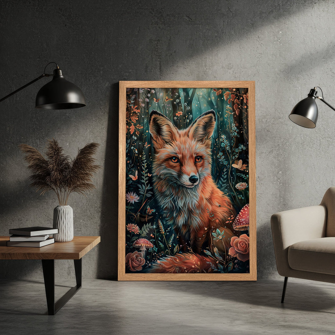 Framed Poster of a fox in a whimsical forest. Art print with warm orange, teal, and brown tones. Perfect wall decor.