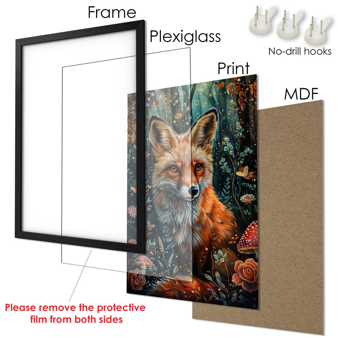 Framed Poster featuring a vibrant fox in a whimsical forest scene. Warm orange, green, and brown color palette. Ready to hang art.