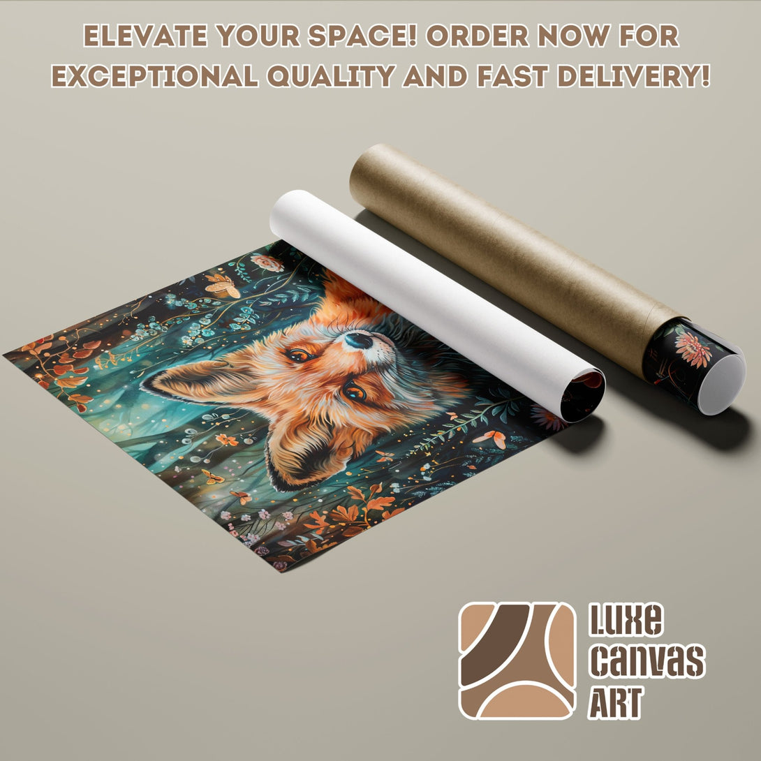Fox Poster Roll art print in a whimsical style with a teal and orange color palette. Elevate your space!