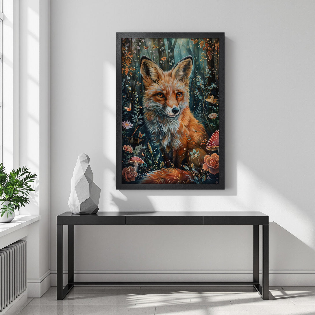 Framed Poster featuring a majestic fox in a whimsical forest scene. Warm orange and teal color palette. Perfect wall art for any room!