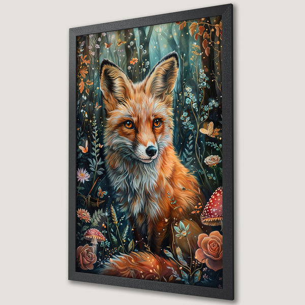 Framed Poster featuring a vibrant fox in a whimsical forest scene. Rich orange, green, and teal color palette. Perfect for adding a touch of nature.
