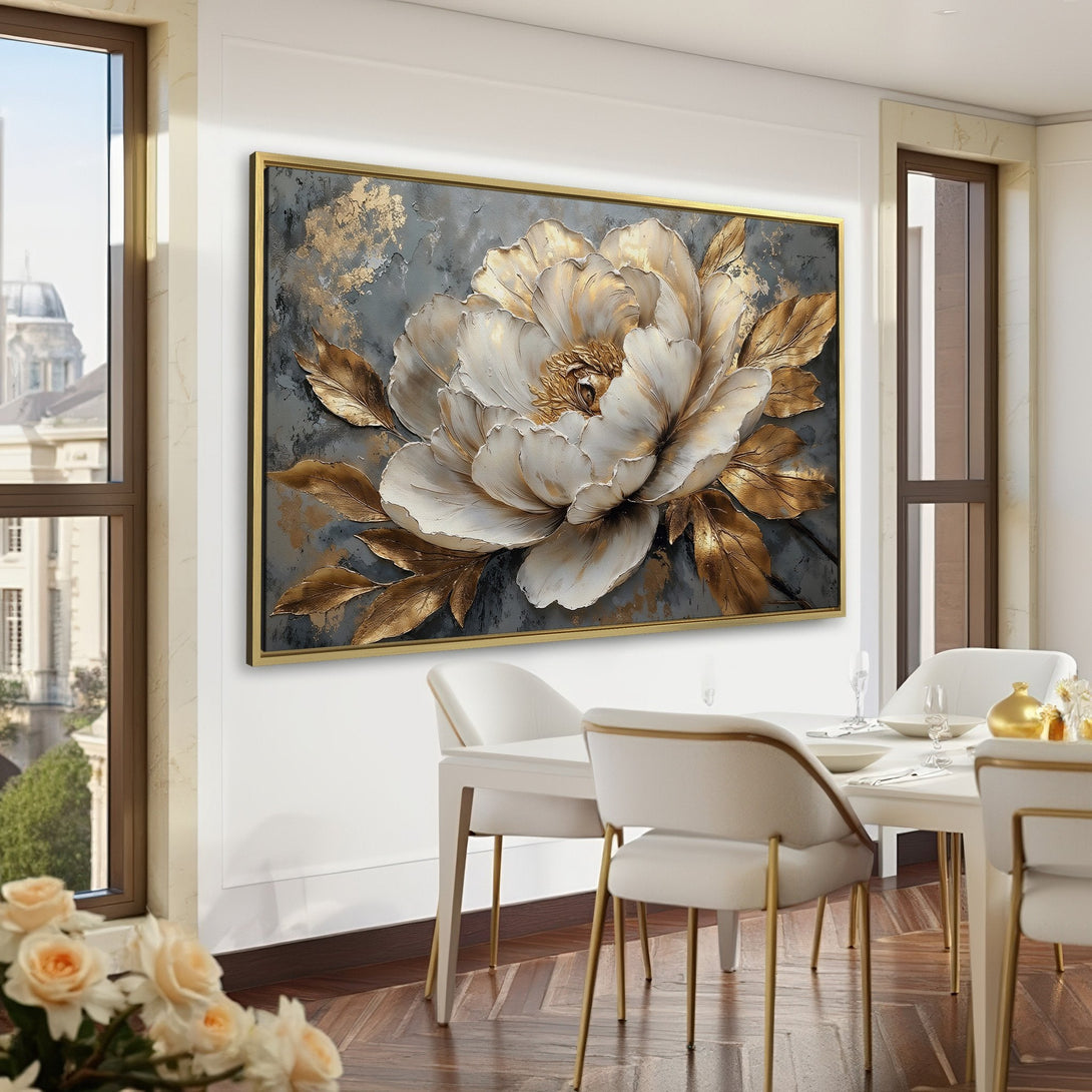 Canvas Print of a large, elegant white and gold flower art piece, displayed in a luxurious green-toned interior.