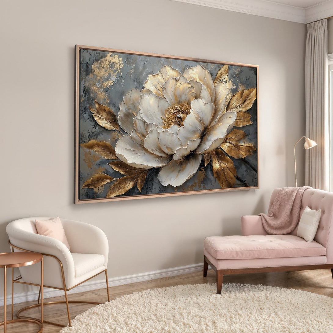 Framed Wall Art: Elegant floral canvas print in gold, white, and gray. Adds a touch of luxury to any space. Perfect for living rooms and bedrooms.