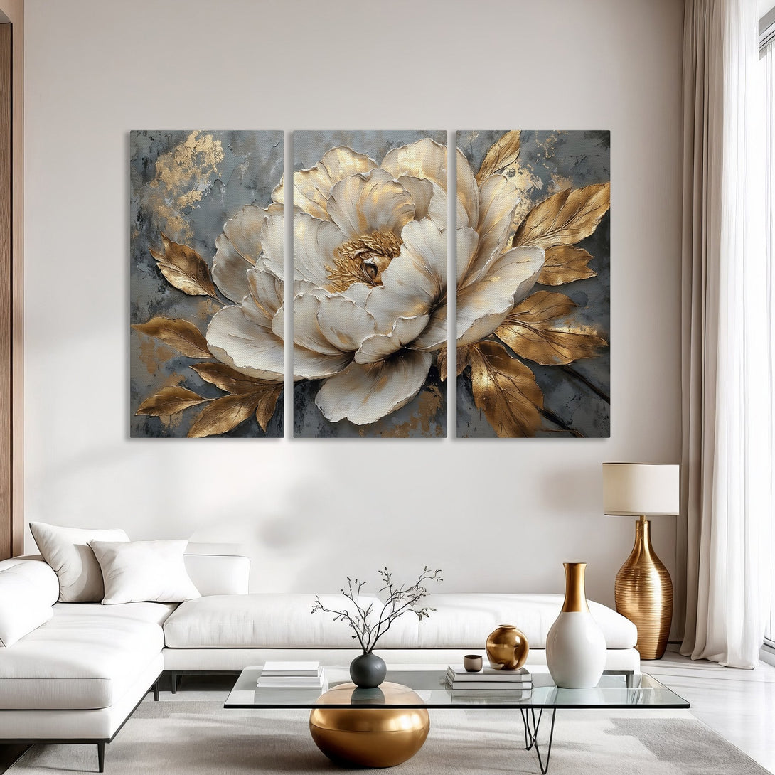 Elegant Canvas Print of a white and gold floral design. Modern art with a neutral gray and gold color palette, perfect for any interior.