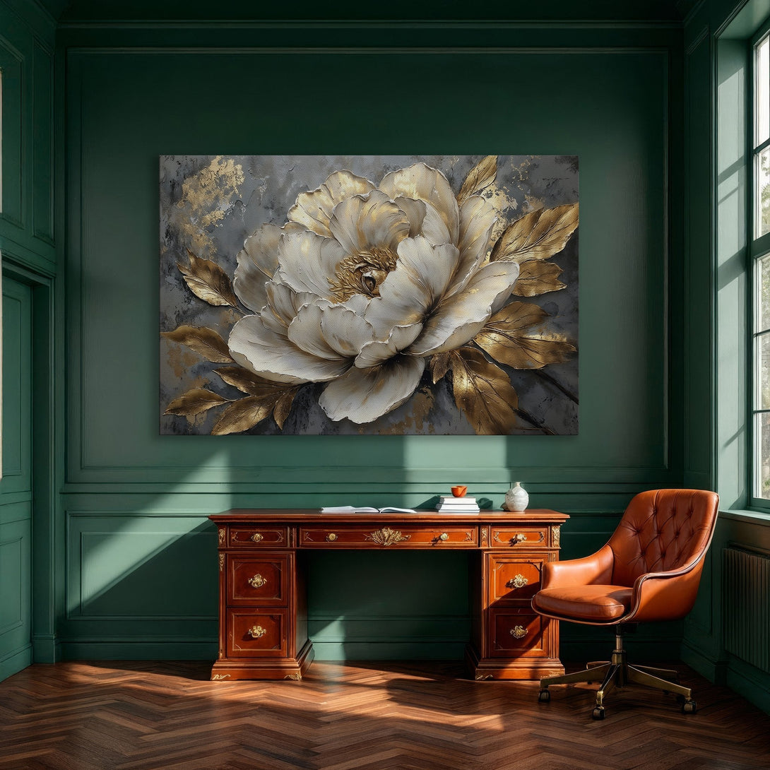 Framed Wall Art: Elegant floral canvas print with gold accents. Modern interior decor, featuring a white and gold color palette. Perfect for dining rooms.