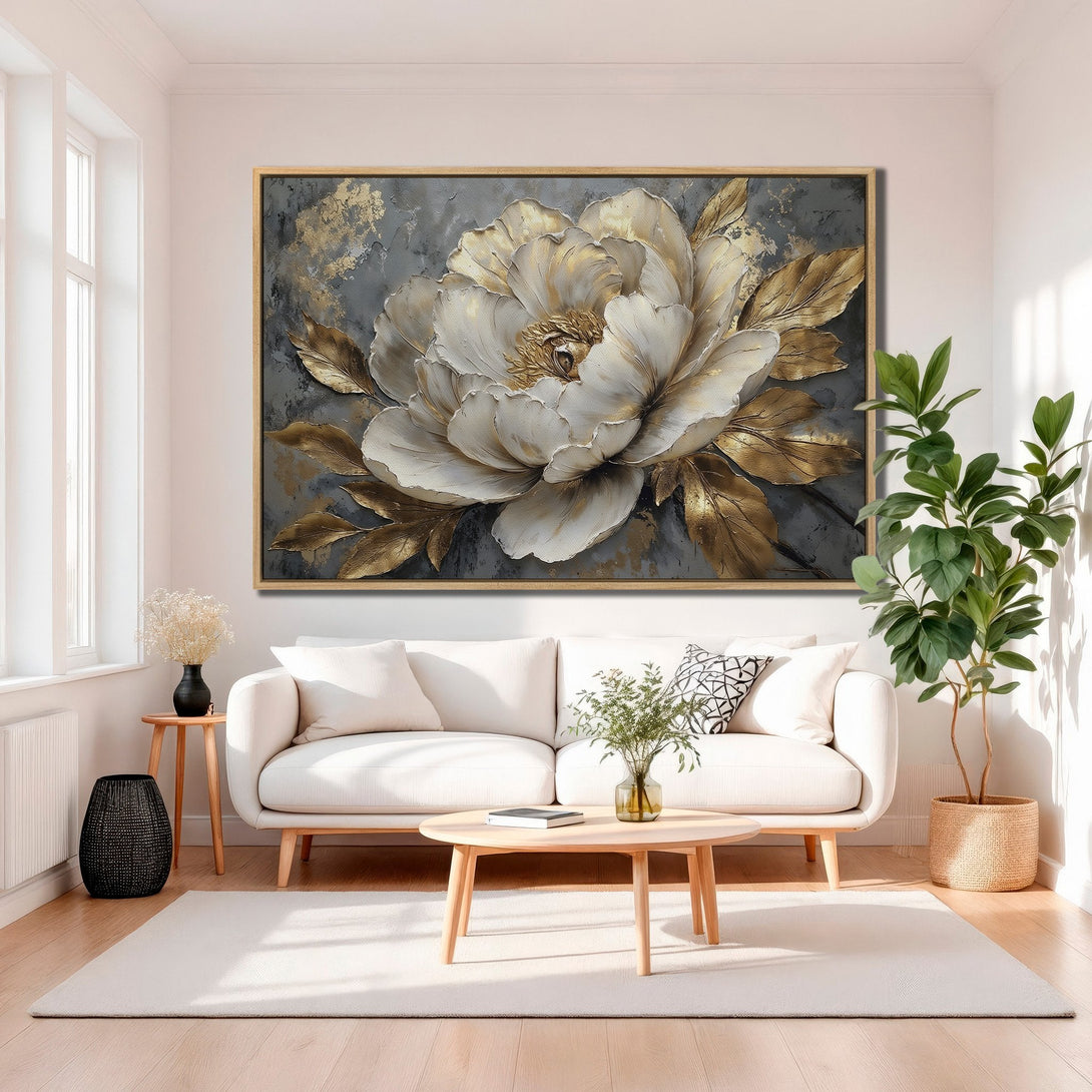 Framed Wall Art: Elegant floral canvas print with gold accents, displayed in a modern living room. Neutral color palette complements any decor.