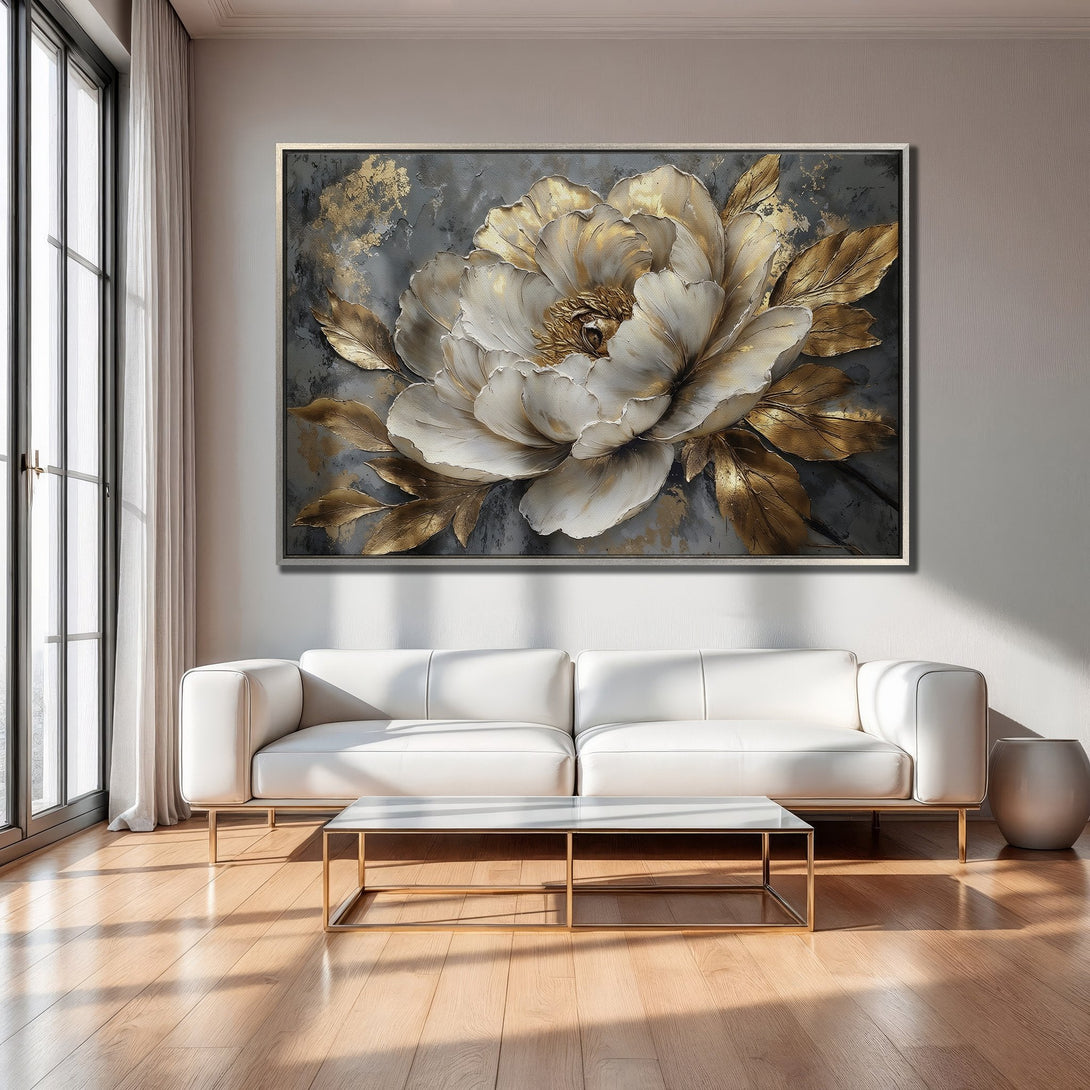 Framed Wall Art: Elegant floral canvas print in gold, white, and gray. Modern decor for living room. Shop now for luxury art!