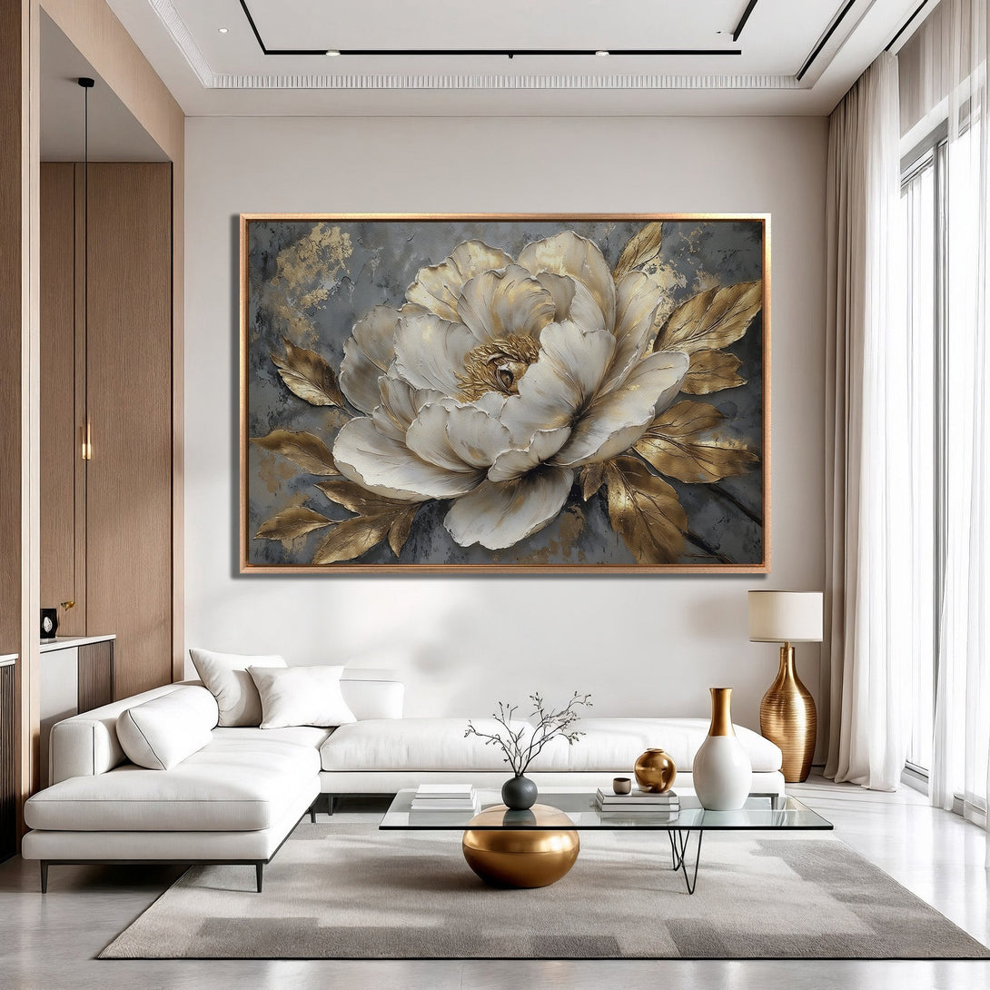 Framed Wall Art: Elegant floral canvas print in gold and white, perfect for modern interiors. Adds a touch of luxury and sophistication.