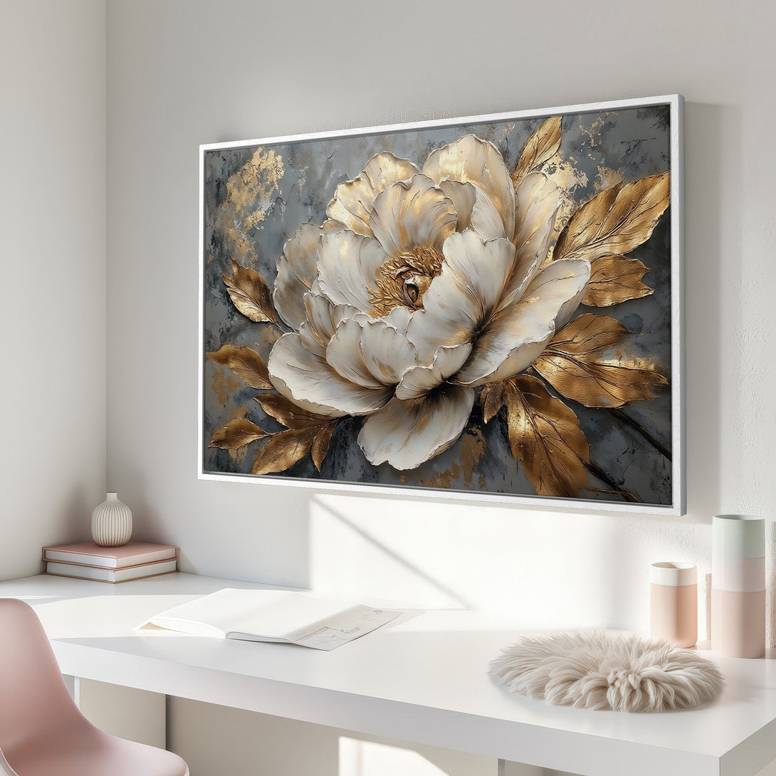 Framed Wall Art: Elegant floral canvas print in gold and white, perfect for modern decor. Features a large peony on a gray background.