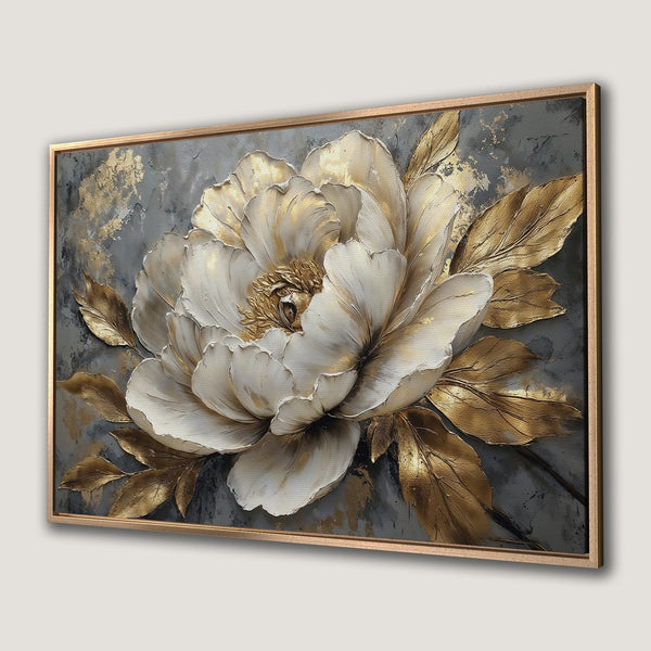 Framed Wall Art: Luxurious white & gold peony canvas print. Textured floral art in a gray and gold color palette, perfect for any interior.