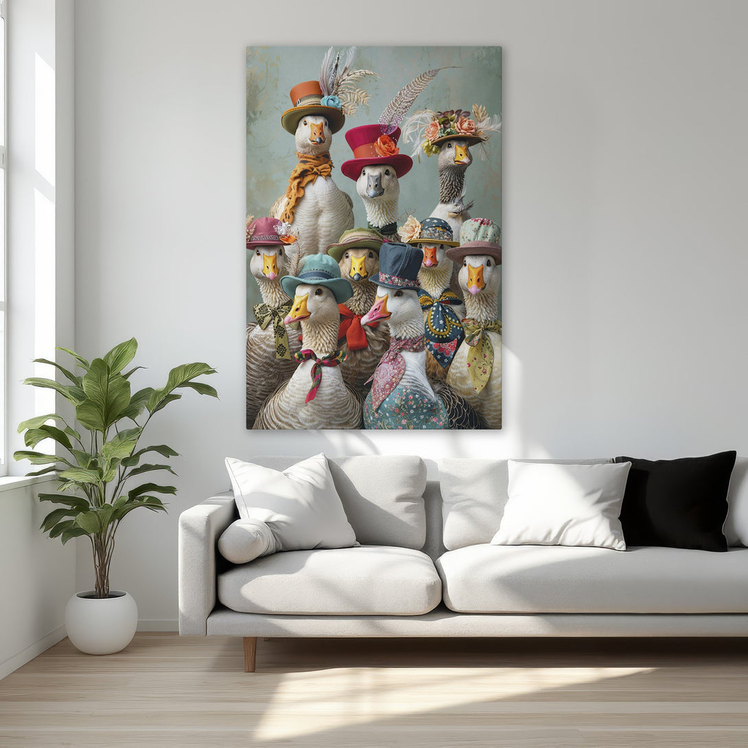 Framed Wall Art featuring whimsical geese in hats. Charming, colorful artwork with a vintage aesthetic, perfect for adding personality to your space.