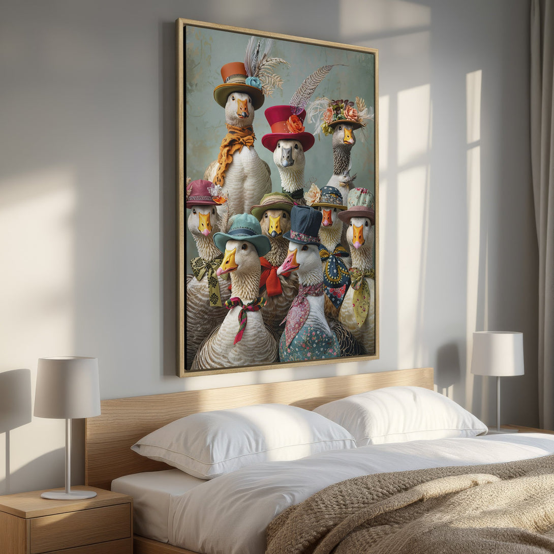 Framed Wall Art featuring whimsical geese in hats. A unique piece with a vintage style and a colorful palette, perfect for adding character to any room.