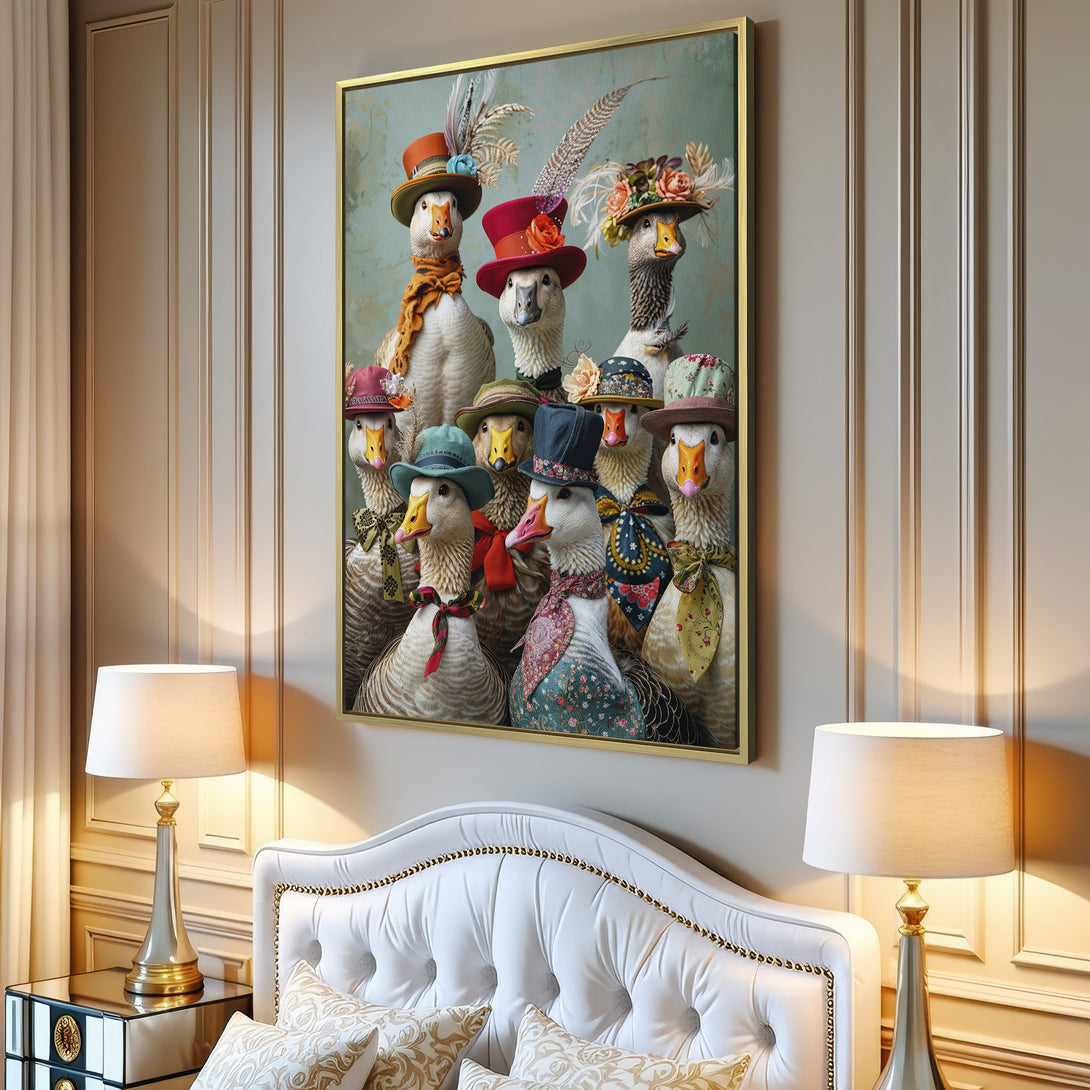 Canvas Print featuring whimsical geese in hats, displayed in a modern interior. Pastel color palette adds charm. Perfect wall art for a unique touch!