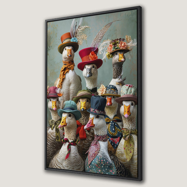 Framed Wall Art featuring whimsical geese in hats and scarves, a unique and colorful addition to any home decor. Charming, vintage-inspired art.